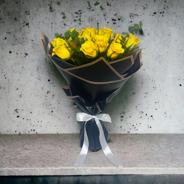 Timeless Yellow Arrangement, Sunny Yellow Roses, Eucalyptus, Black Wrapping, White Ribbon